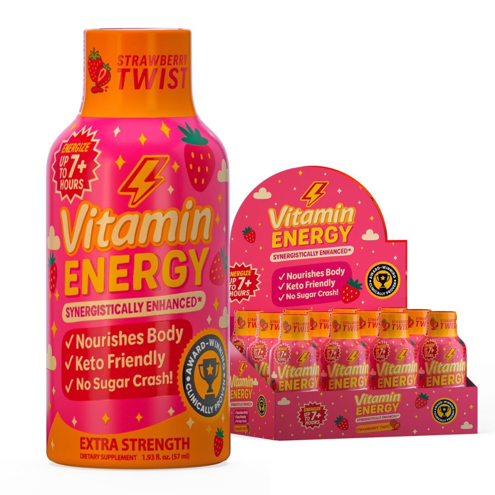Vitamin Energy Immune+ Extra Strength Energy Shot Strawberry Twist 10 Pack, 260mg Natural Caffeine, B-Vitamins, Citicoline, Green Tea, Immunity & Focus Support, Zero Sugar, Gluten-Free 1.93 fl oz