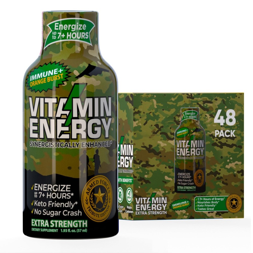 Vitamin Energy Immune+ Extra Strength Energy Shot Army Orange 48 Pack, 260mg Natural Caffeine, B-Vitamins, Citicoline, Green Tea, Immunity & Focus Support, Zero Sugar, Gluten-Free 1.93 fl oz