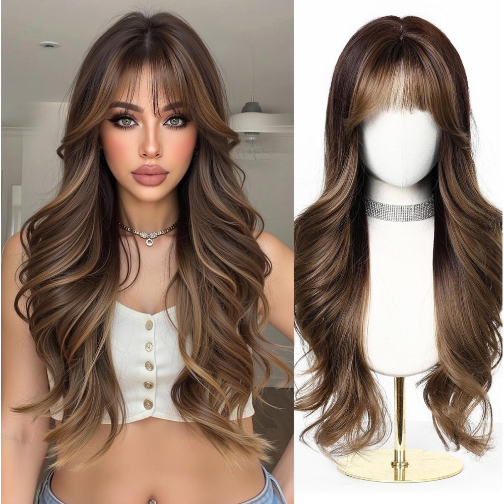 Esmee Long Wavy Brown Wigs for Women with Fringe Natural Synthetic Hair Wig for Daily & Party Use
