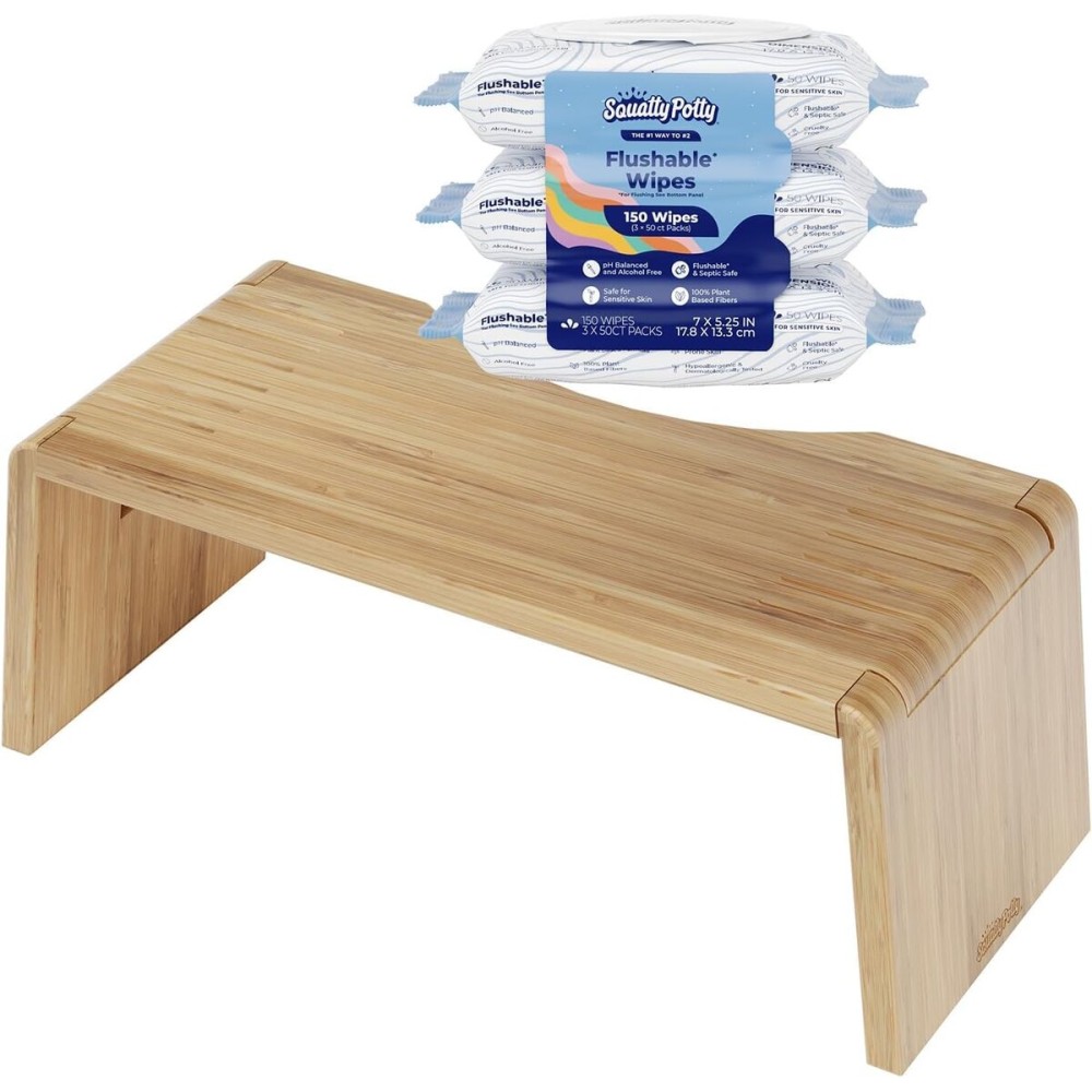 Squatty Potty Oslo Folding Bamboo Stool 7 + PlantBased Flushable Wipes Bundle - Eco Foldable Bamboo Stool & Gentle Flushable Wipes for Clean, Comfortable Bathroom Routine