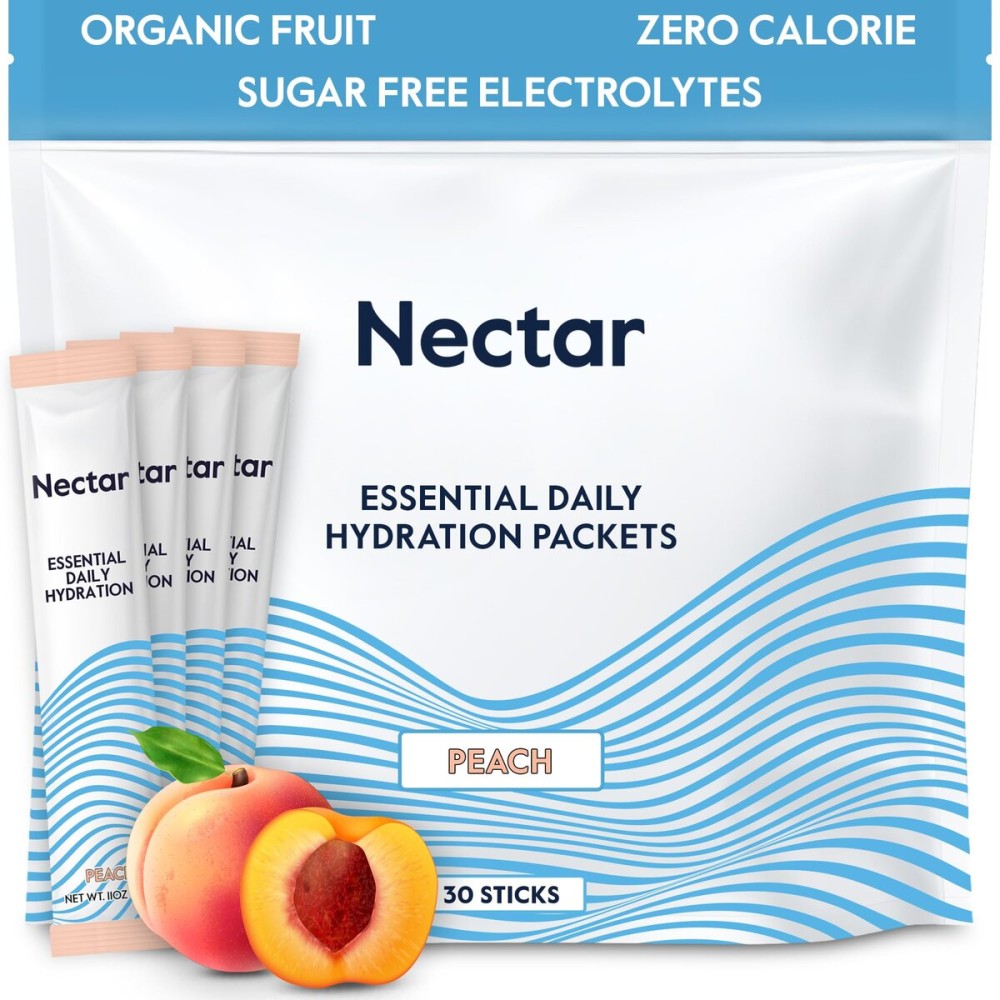 Nectar Hydration Packets - Electrolytes Powder Packets - Sugar Free & 0 Calorie - Organic Fruit Liquid Daily IV Electrolytes Powder for Dehydration Relief & Rapid Rehydration (Peach 30 Pack)