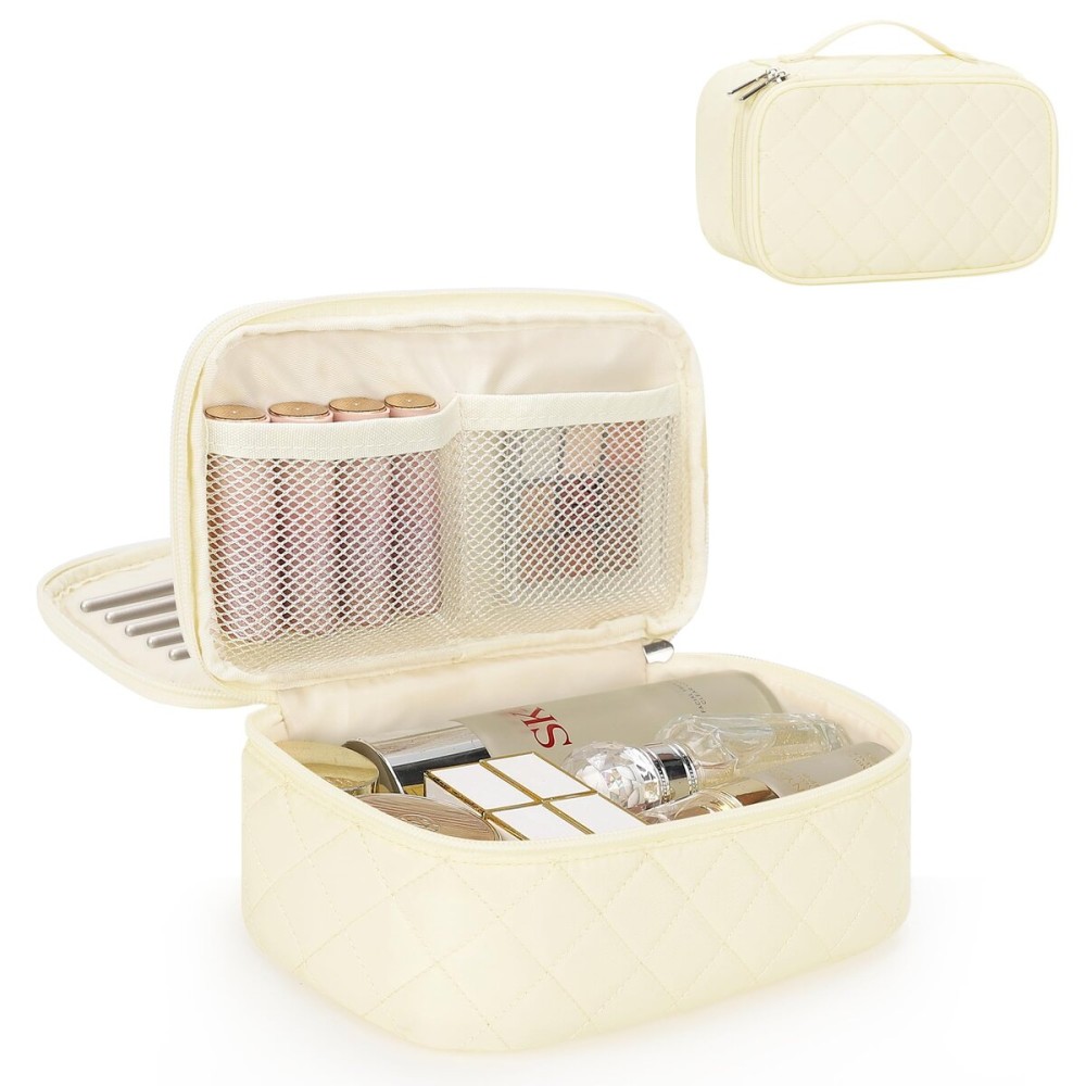 Relavel Travel Makeup Bag, Small Cosmetic Bag with Makeup Brush Compartment, Double Layer Makeup Organizer Bag, Portable Toiletry Bag Makeup Pouch for Women, White