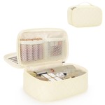 Relavel Travel Makeup Bag, Small Cosmetic Bag with Makeup Brush Compartment, Double Layer Makeup Organizer Bag, Portable Toiletry Bag Makeup Pouch for Women, White