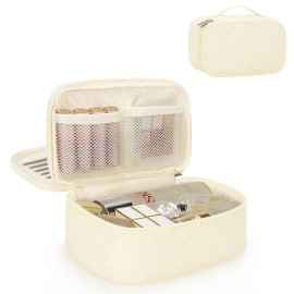 Relavel Travel Makeup Bag, Small Cosmetic Bag with Makeup Brush Compartment, Double Layer Makeup Organizer Bag, Portable Toiletry Bag Makeup Pouch for Women, White