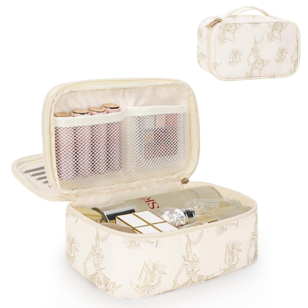 Relavel Travel Makeup Bag, Small Floral Cosmetic Bag with Makeup Brush Compartment, Portable Makeup Pouch for Women, Double Layer Cute Toiletry Organizer Bag, Lily Floral