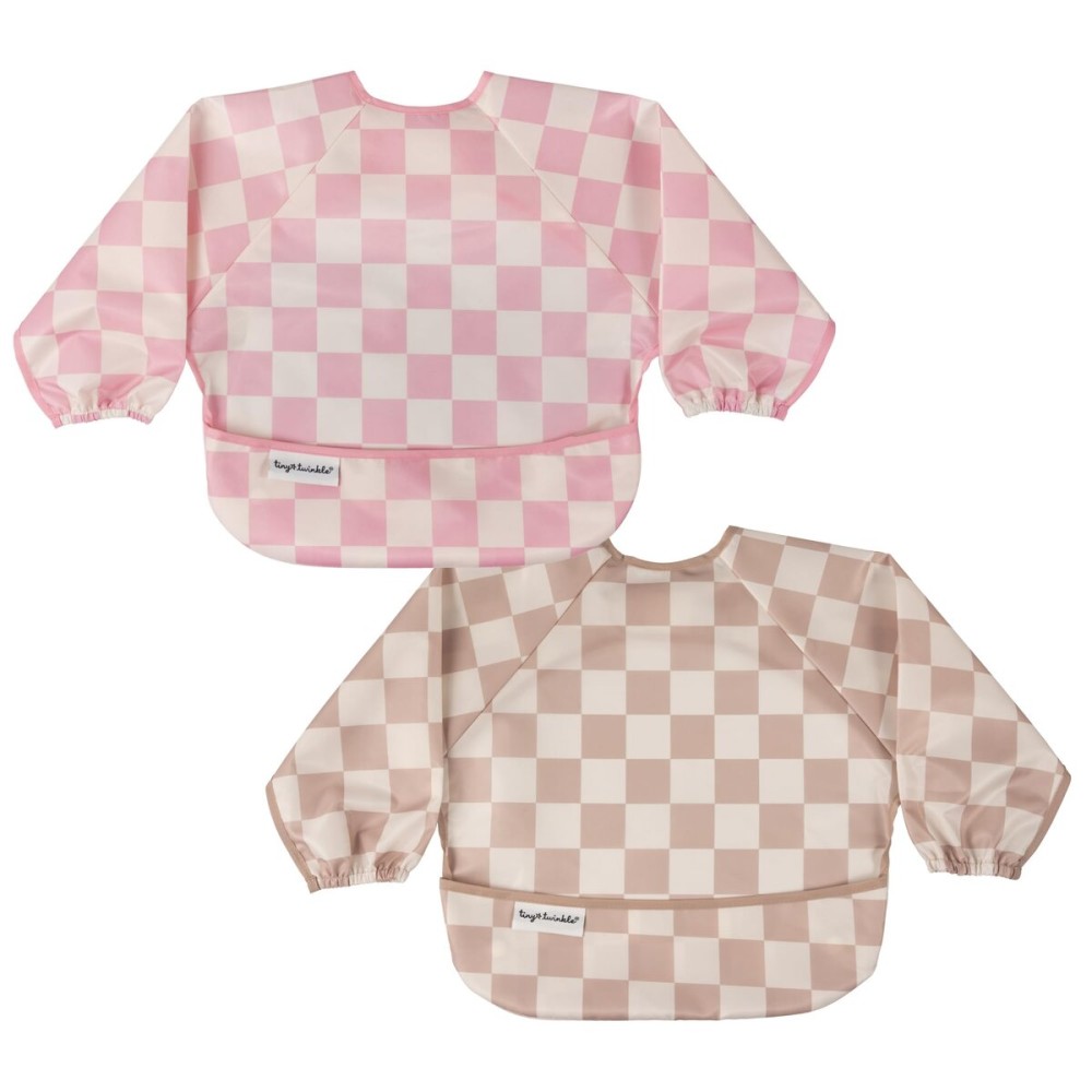 Tiny Twinkle Long Sleeve Bib for Babies & Toddlers | 2-Pack Waterproof Smock Bib for Eating | Machine Washable & Mess-Proof Feeding Essentials | Newborn Shower Gift (Pink,Beige Checkers, 6-24M)