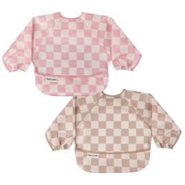 Tiny Twinkle Long Sleeve Bib for Babies & Toddlers | 2-Pack Waterproof Smock Bib for Eating | Machine Washable & Mess-Proof Feeding Essentials | Newborn Shower Gift (Pink,Beige Checkers, 6-24M)