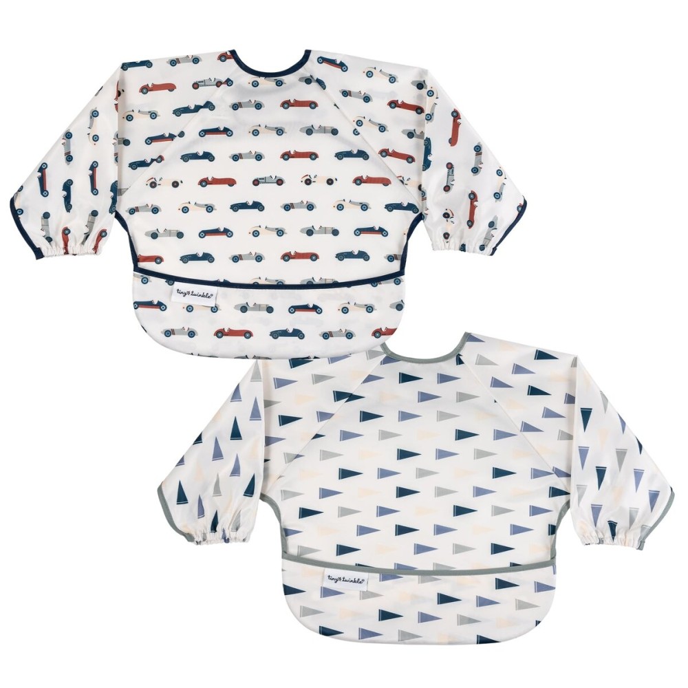 Tiny Twinkle Long Sleeve Bib for Babies & Toddlers | 2-Pack Waterproof Smock Bib for Eating | Machine Washable & Mess-Proof Feeding Essentials | Newborn Shower Gift (Cars,Flags,6-24M)