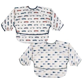 Tiny Twinkle Long Sleeve Bib for Babies & Toddlers | 2-Pack Waterproof Smock Bib for Eating | Machine Washable & Mess-Proof Feeding Essentials | Newborn Shower Gift (Cars,Flags,6-24M)