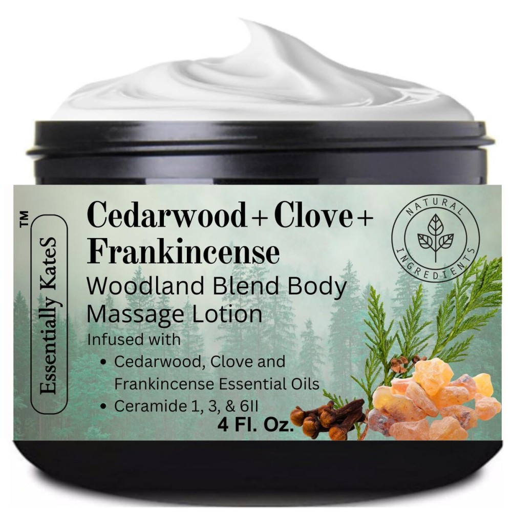 Cedarwood + Clove + Frankincense Woodland Blend Lotion 4 oz - enriched with Ceramide 1, 3, and 6II - a grounding body therapy crafted to restore inner balance. Rooted in warm, earthy botanicals.