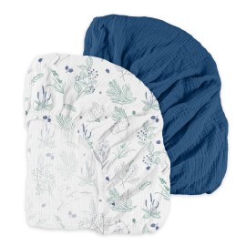Muslin Mini Crib Sheets, 2 Pack for Baby Boy and Girl, Soft Breathable Stretchy Baby Pack N Play Mattress and Mini Cribs Sheet, Universal Fitted Portable/Mini Crib Mattresses (Blue Deer)