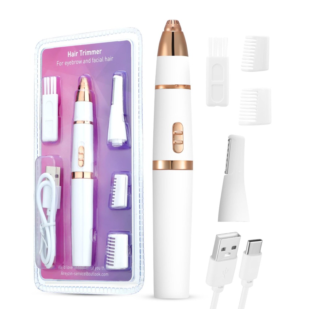AREYZIN 2 in 1 Facial Hair Trimmer for Women, Painless Eyebrow Trimmer for Women, Rechargeable Facial Remover for Eyebrow,Ear,Peach Fuzz,Dual Edge Blades for Easy Cleansing,White