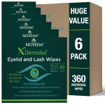 NOVEHA 360PCs Demodex Eyelid & Lash Wipes | Box of 60 Individually Wrapped Extra Strength Cleansing Eyelash Wipes - Battles Irritated Eyes - Naturally Remove Debris (Pack of 6)