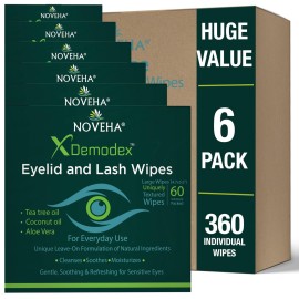 NOVEHA 360PCs Demodex Eyelid & Lash Wipes | Box of 60 Individually Wrapped Extra Strength Cleansing Eyelash Wipes - Battles Irritated Eyes - Naturally Remove Debris (Pack of 6)