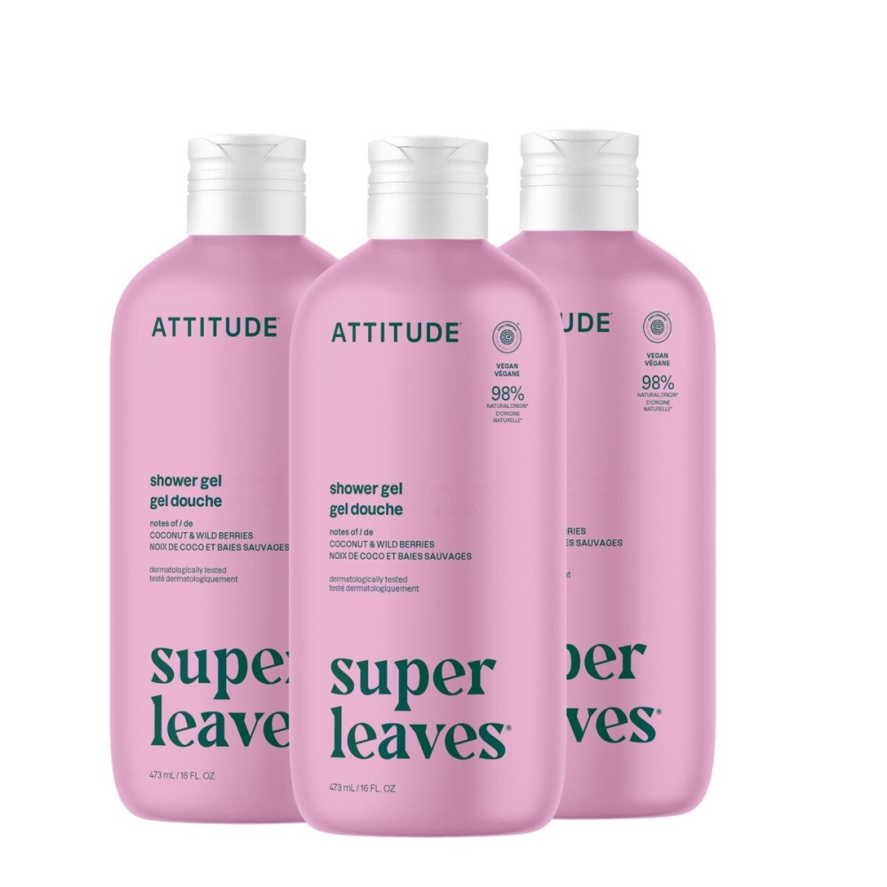 ATTITUDE Body Wash, EWG Verified Shower Gel, Dermatologically Tested, Plant and Mineral-Based, Vegan Personal Care Products, Coconut & Wild Berries Scent, 16 Fl Oz (Pack of 3)