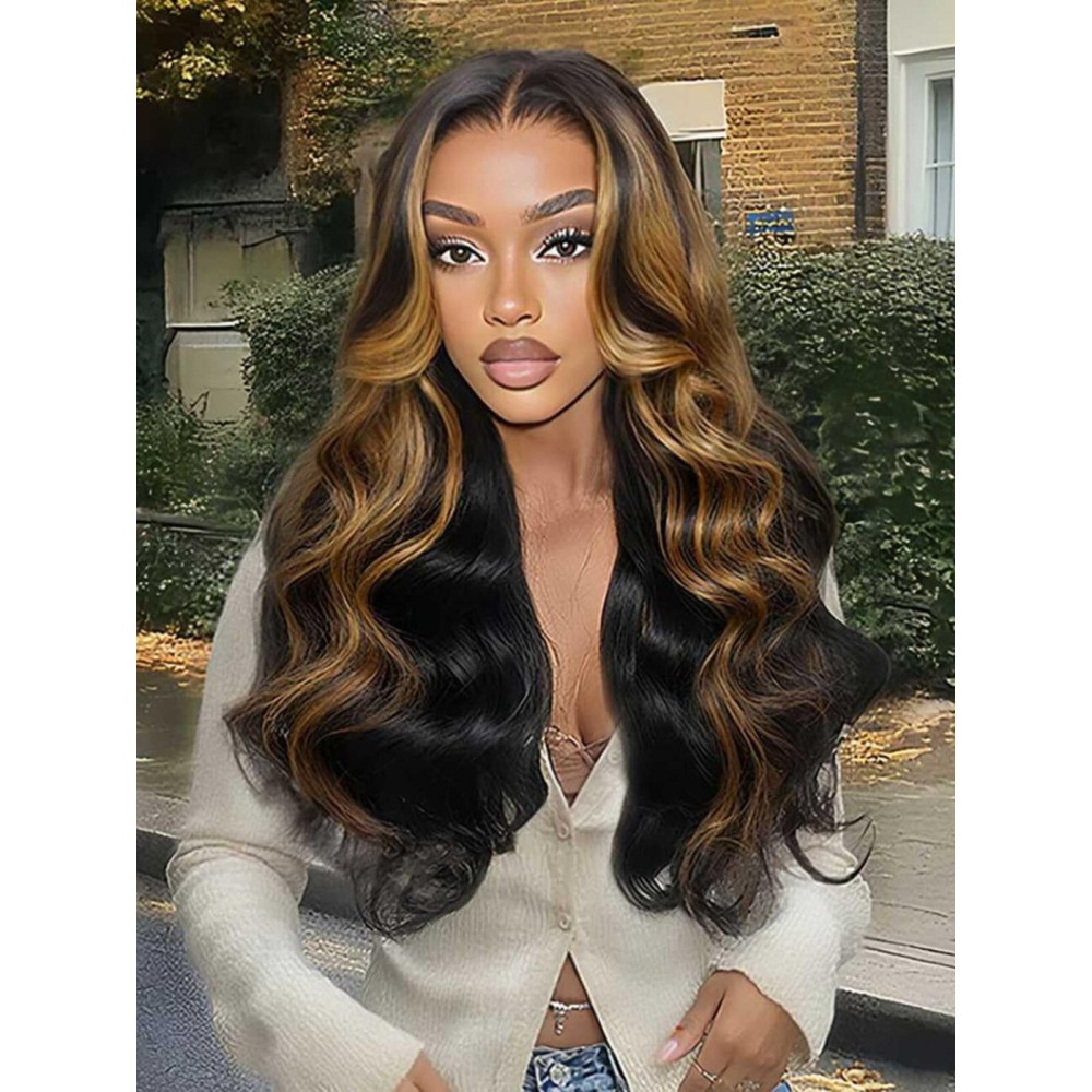 Beauty Forever Bye Bye Knots Glueless Wigs Black with Caramel Blonde Highlights Body Wave Human Hair Wig 7x5 HD Lace Pre Plucked Pre Cut Drawstring Wig for Beginner Ready to Wear 150% Density 16inch