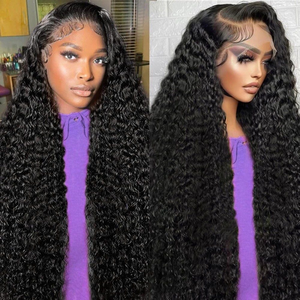 LAINSS Deep Wave Lace Frontal Wigs Human Hair Pre Plucked Wet and Wavy 13X6 Lace Front Wigs Human Hair Glueless Brazilian Natural Black Deep Curly Wigs for Black Women 210% Density 18Inch