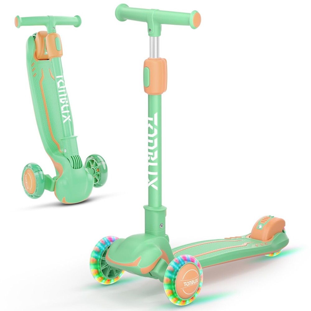 TONBUX Kids Scooter, Light Up 3 Wheel Kick Scooters for Kids 3-12, Folding Scooters with Adjustable Height - Toddler Scooter Lean-to-Steer & Widen Anti-Slip Deck-Mint