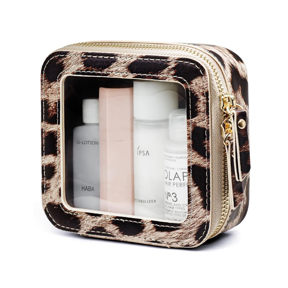 Small Makeup Bag for Purse Accessories Women Clear Cosmetic Mini Pouch Car Essentials Bag Leopard Print Clear Leather Make Up Travel Bag Organizer with Zipper Cute Compact Cheetah Little Toiletry Bag