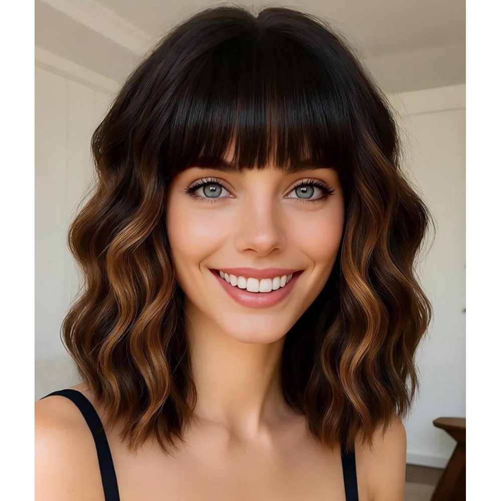 Elfairy Brown Highlights Blonde Wig with Bangs for Women 12inch Short Blonde Bob Wavy Curly Hair Wigs Heat Resistant Hair Replacement Wigs for Daily Use Cosplay Costume Halloween
