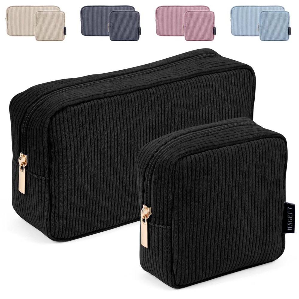 MAGEFY Makeup Bag 2 Pcs Corduroy Cosmetic Bag Mini Big Makeup Bags for Women Travel Pouch with Slip-in Pockets EcoBlack