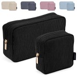 MAGEFY Makeup Bag 2 Pcs Corduroy Cosmetic Bag Mini Big Makeup Bags for Women Travel Pouch with Slip-in Pockets EcoBlack