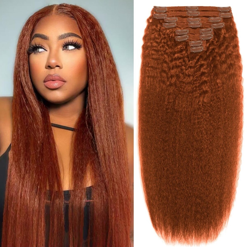 Copper Kinky Straight Clip in Hair Extensions Real Human Hair 110g 8pcs 18clips Human Hair Clip ins Double Weft Brazilian Clip Ins Human Hair for Women (350 18inch)