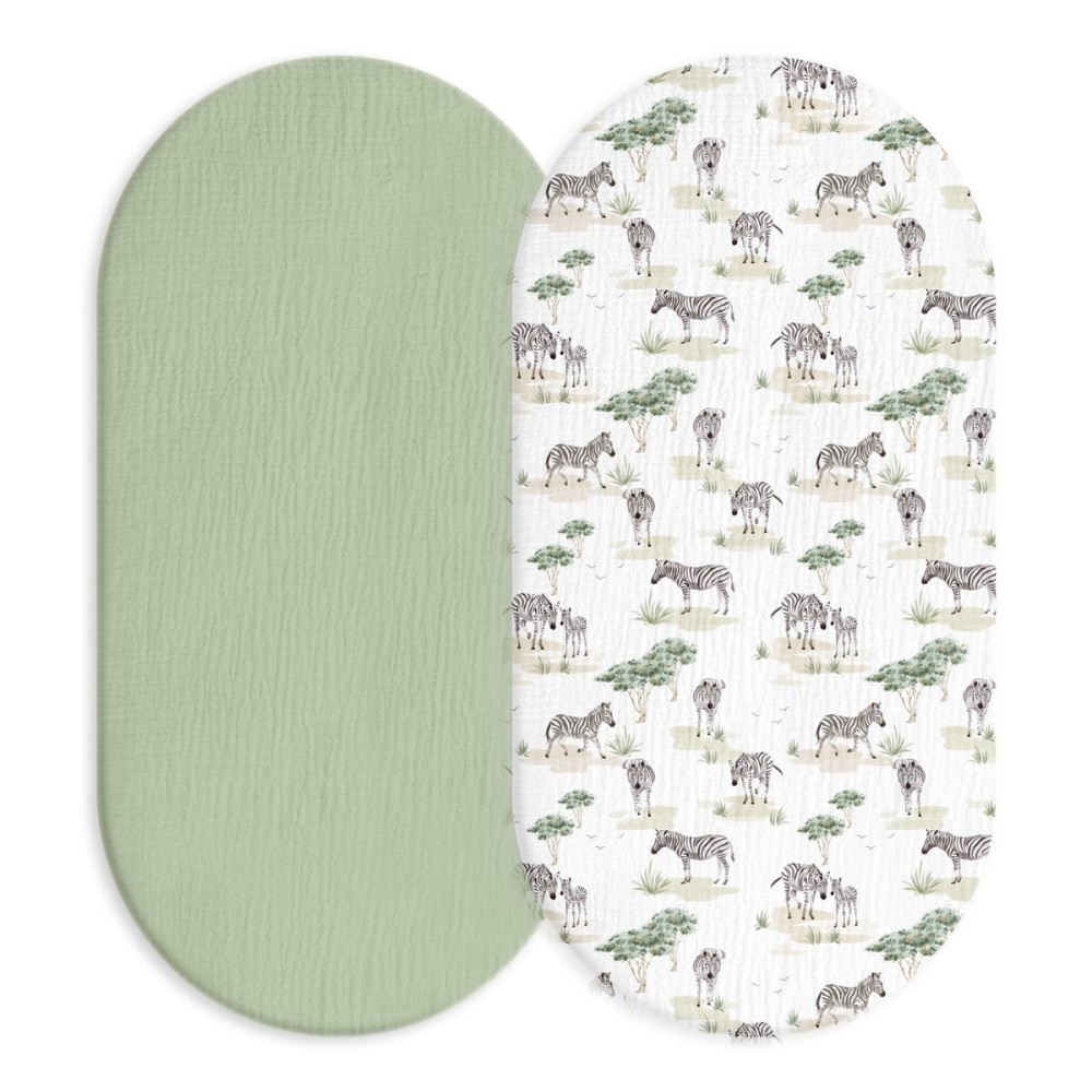 Muslin Bassinet Fitted Sheets, 2 Pack for Baby Boy and Girl, Soft Breathable Baby Pad/Mattress Sheet, Fit for Hourglass Oval and Rectangle Bassinet Mattress (Cute Zebra)