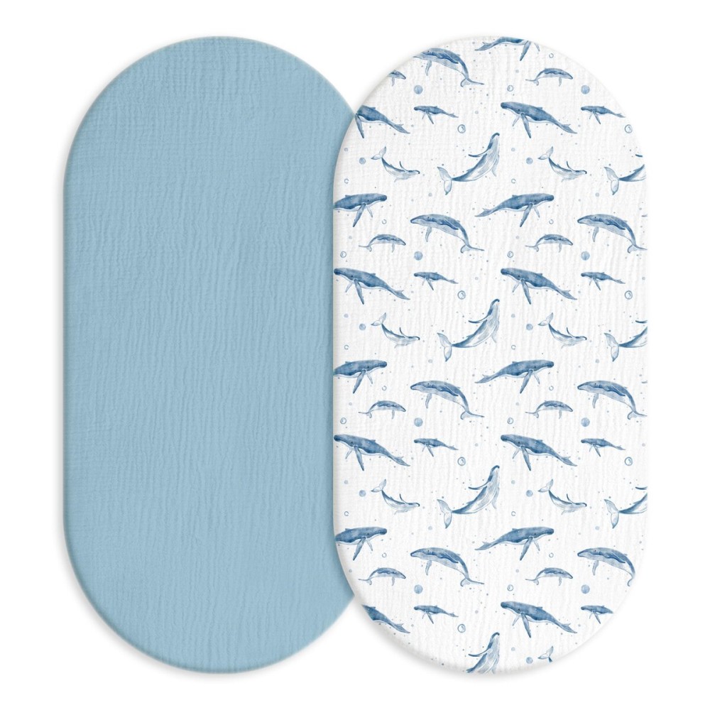 Muslin Bassinet Fitted Sheets, 2 Pack for Baby Boy and Girl, Soft Breathable Baby Pad/Mattress Sheet, Fit for Hourglass Oval and Rectangle Bassinet Mattress (Blue Whale)