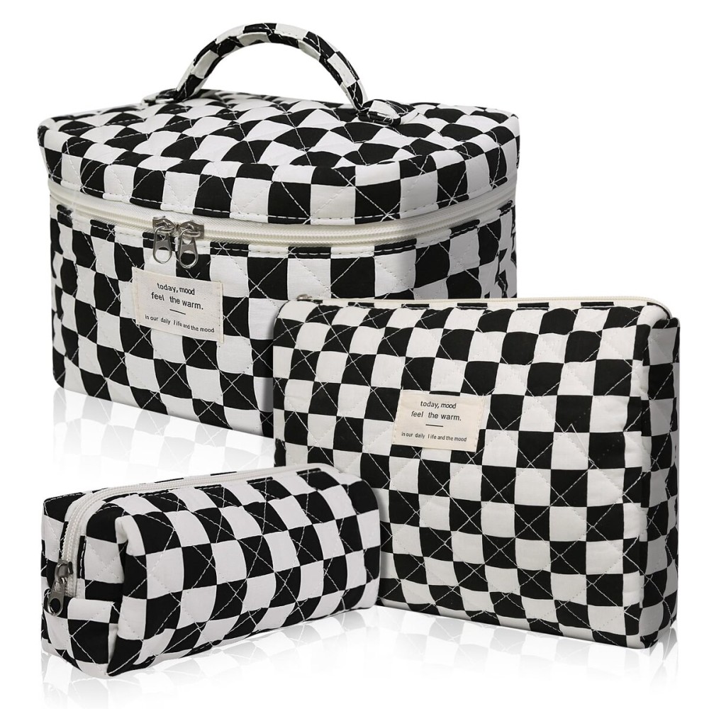 Gosect Makeup Bag Set, Quilted Makeup Bag, Large Floral Cosmetic Bag for Women, Cute Cotton Makeup Bags, Flower Travel Toiletry Organizer Bag (Black Checkered)