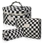 Gosect Makeup Bag Set, Quilted Makeup Bag, Large Floral Cosmetic Bag for Women, Cute Cotton Makeup Bags, Flower Travel Toiletry Organizer Bag (Black Checkered)