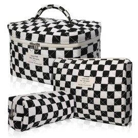 Gosect Makeup Bag Set, Quilted Makeup Bag, Large Floral Cosmetic Bag for Women, Cute Cotton Makeup Bags, Flower Travel Toiletry Organizer Bag (Black Checkered)