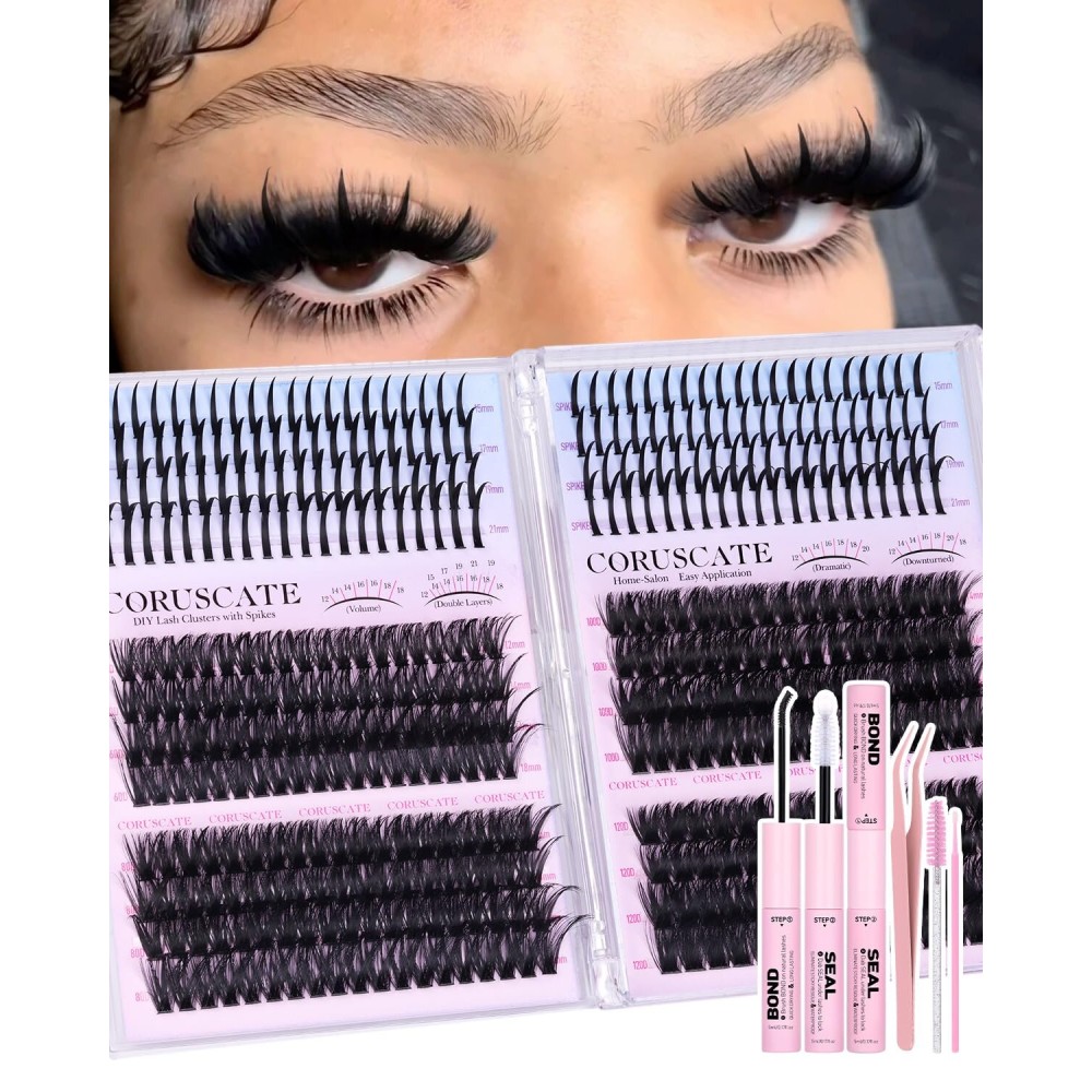 CORUSCATE Lash Clusters Kit 464pcs Wispy Lash Clusters with Spikes 60D+80D+100D+120D Eyelash Clusters Kit Thick Cluster Eyelash Extensions Mega Individual Lashes Spike Mink Lash Bond and Seal Glue