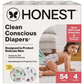The Honest Company Clean Conscious Diapers for Delicate Skin | Up to 100% Leakproof | Hypoallergenic, Fragrance Free | Winter \'25 Limited Edition Prints | Club Box, Size 4 (22-37 lbs), 54 Count
