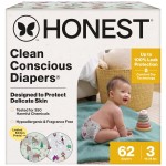 The Honest Company Clean Conscious Diapers for Delicate Skin | Up to 100% Leakproof | Hypoallergenic, Fragrance Free | Winter \'25 Limited Edition Prints | Club Box, Size 3 (16-28 lbs), 62 Count