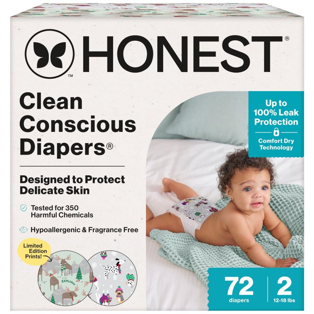 The Honest Company Clean Conscious Diapers for Delicate Skin | Up to 100% Leakproof | Hypoallergenic, Fragrance Free | Winter \'25 Limited Edition Prints | Club Box, Size 2 (12-18 lbs), 72 Count