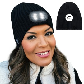 HEAD LIGHTZ Reversible Knit LED Beanie - Rechargeable 2-in-1 Lighted Hat - Machine Washable, Warm & Stylish - Oprahs Favorite Things 2025 - Black