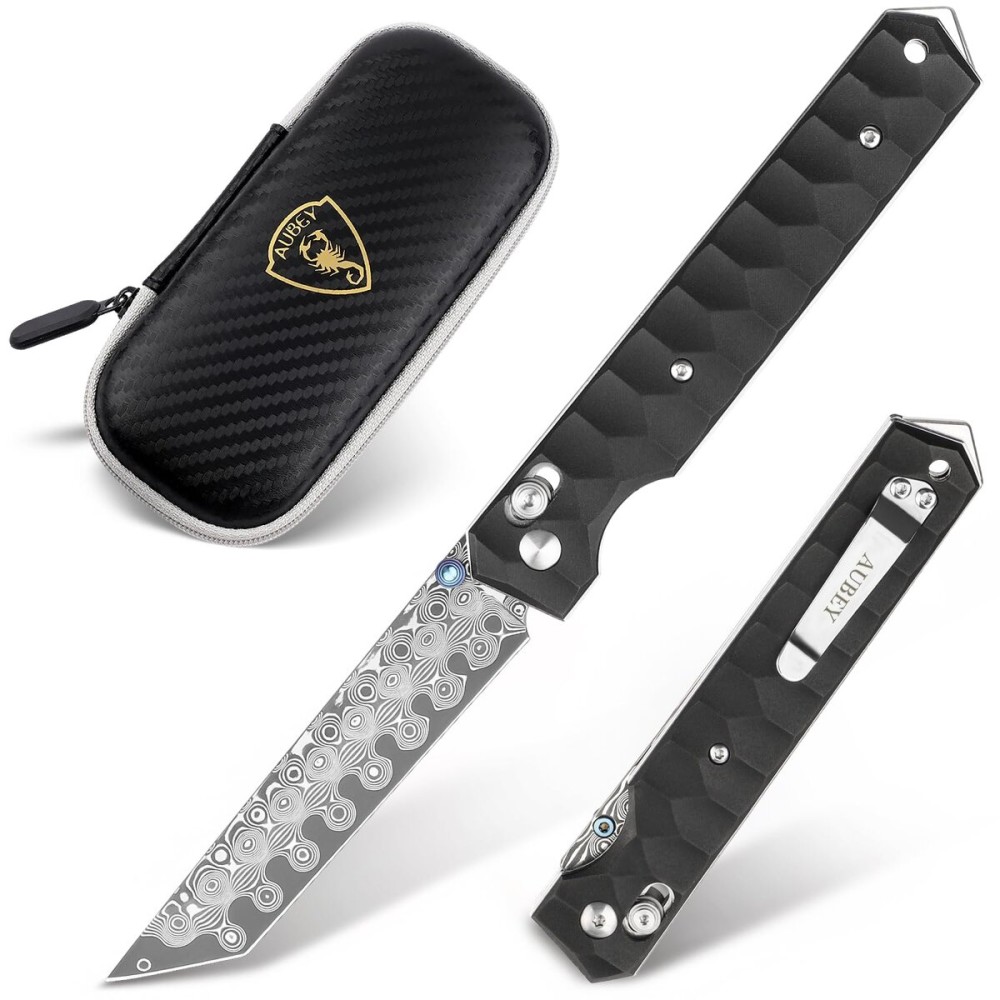 AUBEY Damascus Axis Lock Pocket Knife, 3.54 Tanto Blade Crossbar Lock Folding Knives with Clip for Men Women, Aluminum Handle with Glass Breaker for EDC Camping Gift