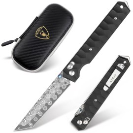 AUBEY Damascus Axis Lock Pocket Knife, 3.54 Tanto Blade Crossbar Lock Folding Knives with Clip for Men Women, Aluminum Handle with Glass Breaker for EDC Camping Gift
