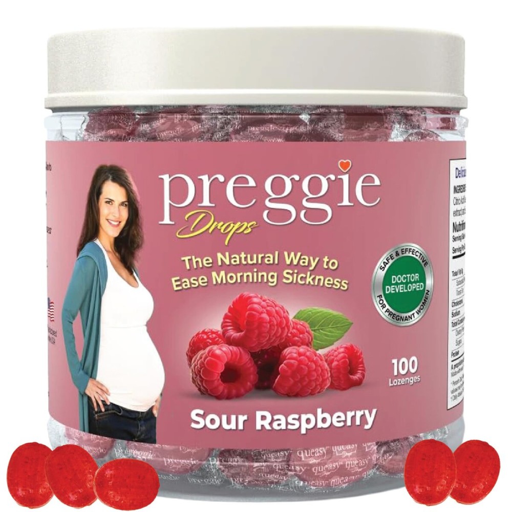 Preggie Pop Drops Plus with Vitamin B6 for Pregnancy Nausea Relief, Morning Sickness Candy with Essential Oils for Pregnant Women - Sour Raspberry, 100 Count