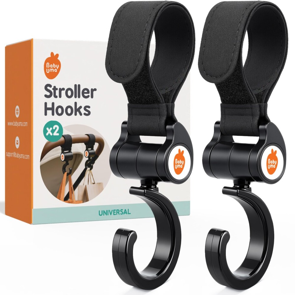 Baby Uma Stroller Hooks (2 Pack) - Open Stroller Hook with 360-Swivel Neck & Extra Strong Strap, Easy On \'n Off & Universal, 11 lb Weight Capacity, Baby Travel Essential