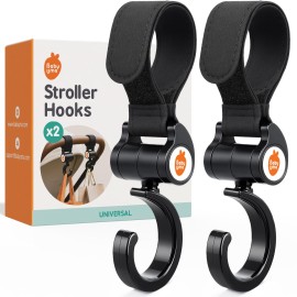 Baby Uma Stroller Hooks (2 Pack) - Open Stroller Hook with 360-Swivel Neck & Extra Strong Strap, Easy On \'n Off & Universal, 11 lb Weight Capacity, Baby Travel Essential