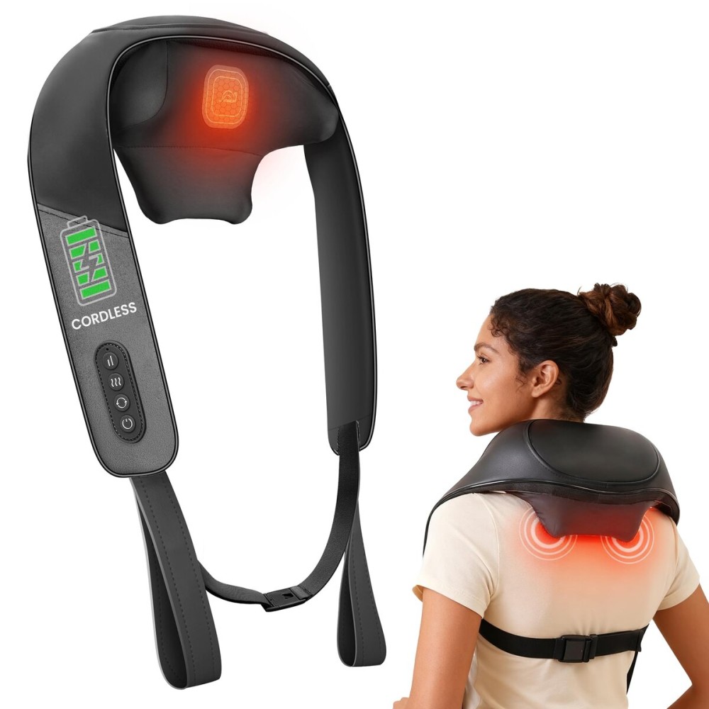 Snailax Shiatsu Neck Massager for Pain Relief Deep Tissue Cordless Kneading Shoulder Massage with Heat Graphene Heating Rechargable, 4D Roller Neck Back Massage, Gift for Mom Dad
