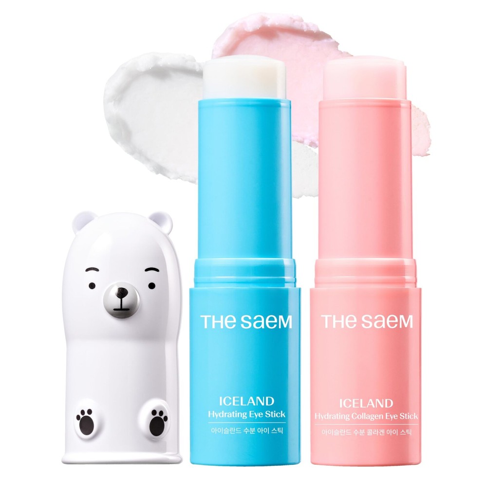 THESAEM Iceland Hydrating Eye Stick Bundle - 2 Pack (Hydrating + Collagen) 0.38 oz each - Cooling Balm for Dark Circles, Puffiness & Wrinkles - Under Eye Treatment with Niacinamide & Collagen