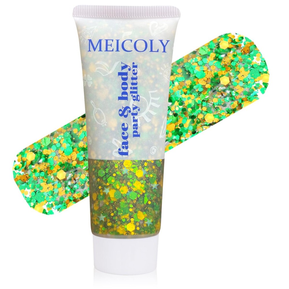 MEICOLY Gold and Green Face Glitter,Green Face Glitter,Gold Hair Accessories,Sparkle Halloween Body Glitter Makeup for Mardi Gras Carnival Festival Party,St Patricks Day Accessories