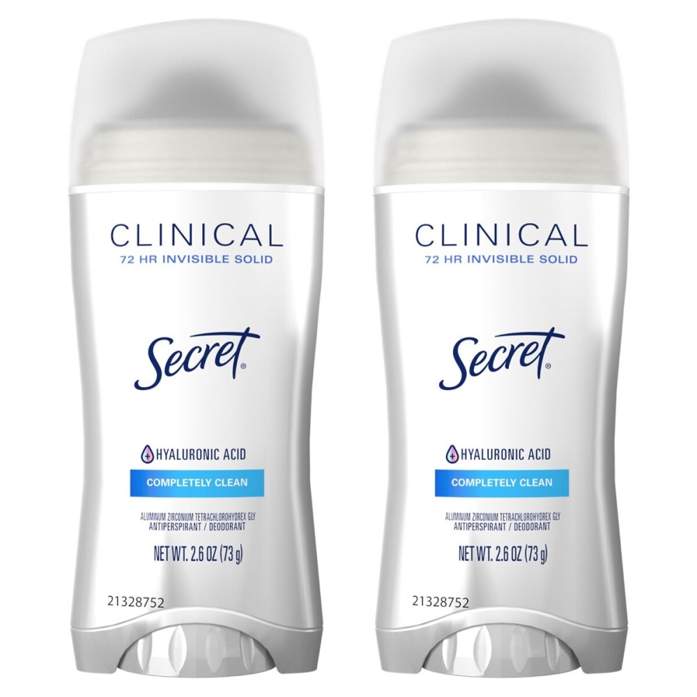 Secret Clinical Strength Antiperspirant Deodorant for Women, 3X Stress Protection, 72hr Sweat & Odor Protection, PH Balancing Minerals, Invisible Solid, Completely Clean Scent, 2.6 oz (Pack of 2)