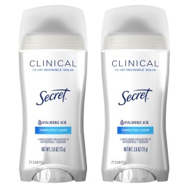 Secret Clinical Strength Antiperspirant Deodorant for Women, 3X Stress Protection, 72hr Sweat & Odor Protection, PH Balancing Minerals, Invisible Solid, Completely Clean Scent, 2.6 oz (Pack of 2)