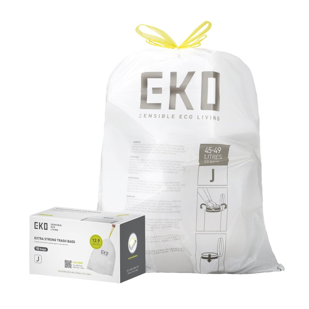 EKO 12.9 Gallon / 45-49 Liter, 110 Count Drawstring Trash Bags, Extra-Strong Unscented Garbage Bags, Easy-Dispense Roll for Kitchen & Household Use, Resists Tears, Leaks and Punctures, Code J, White