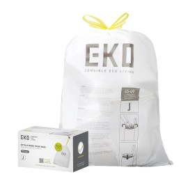EKO 12.9 Gallon / 45-49 Liter, 110 Count Drawstring Trash Bags, Extra-Strong Unscented Garbage Bags, Easy-Dispense Roll for Kitchen & Household Use, Resists Tears, Leaks and Punctures, Code J, White