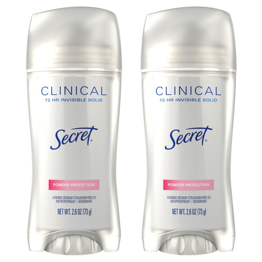 Secret Clinical Strength Antiperspirant Deodorant for Women, 3X Stress Protection, 72hr Sweat & Odor Protection, PH Balancing Minerals, Invisible Solid, Powder Protection Scent, 2.6 oz (Pack of 2)